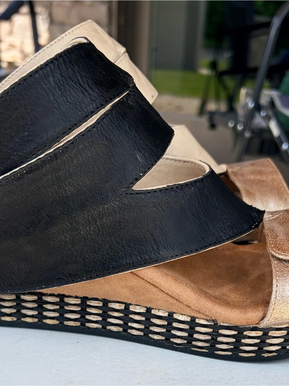 Women’s Modzori Black and Tan Reversible Cutout Wedge Sandals